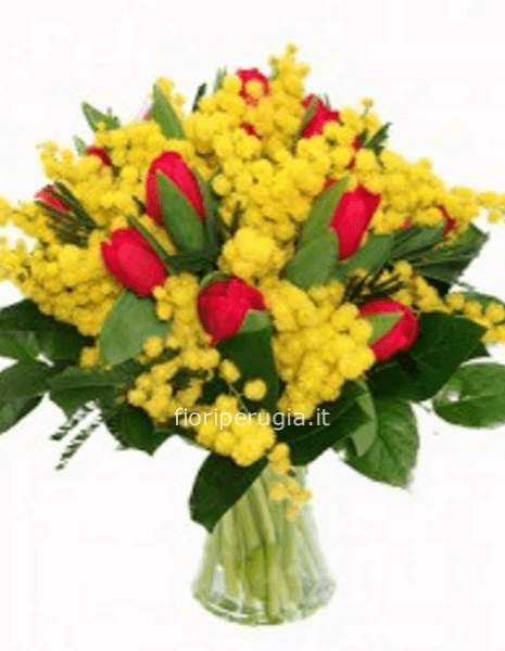 Bouquet tulipani rosa e mimosa