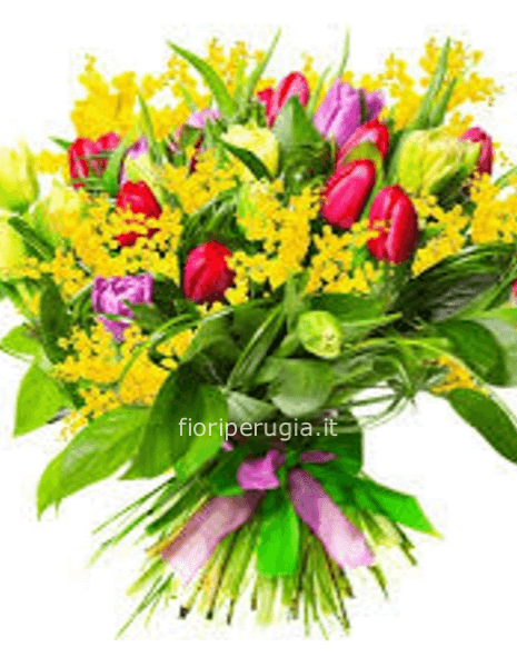 Bouquet di tulipani colorati e mimosa